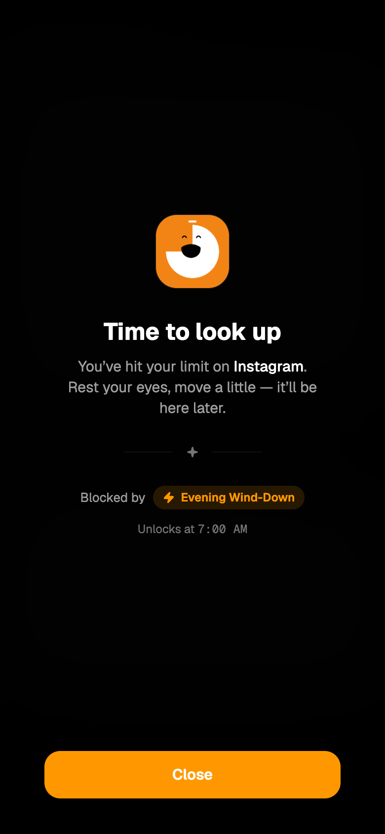 Lookup block screen: Time to look up. You have hit your limit on Instagram. Blocked by Evening Wind-Down, unlocks at 7:00 AM.