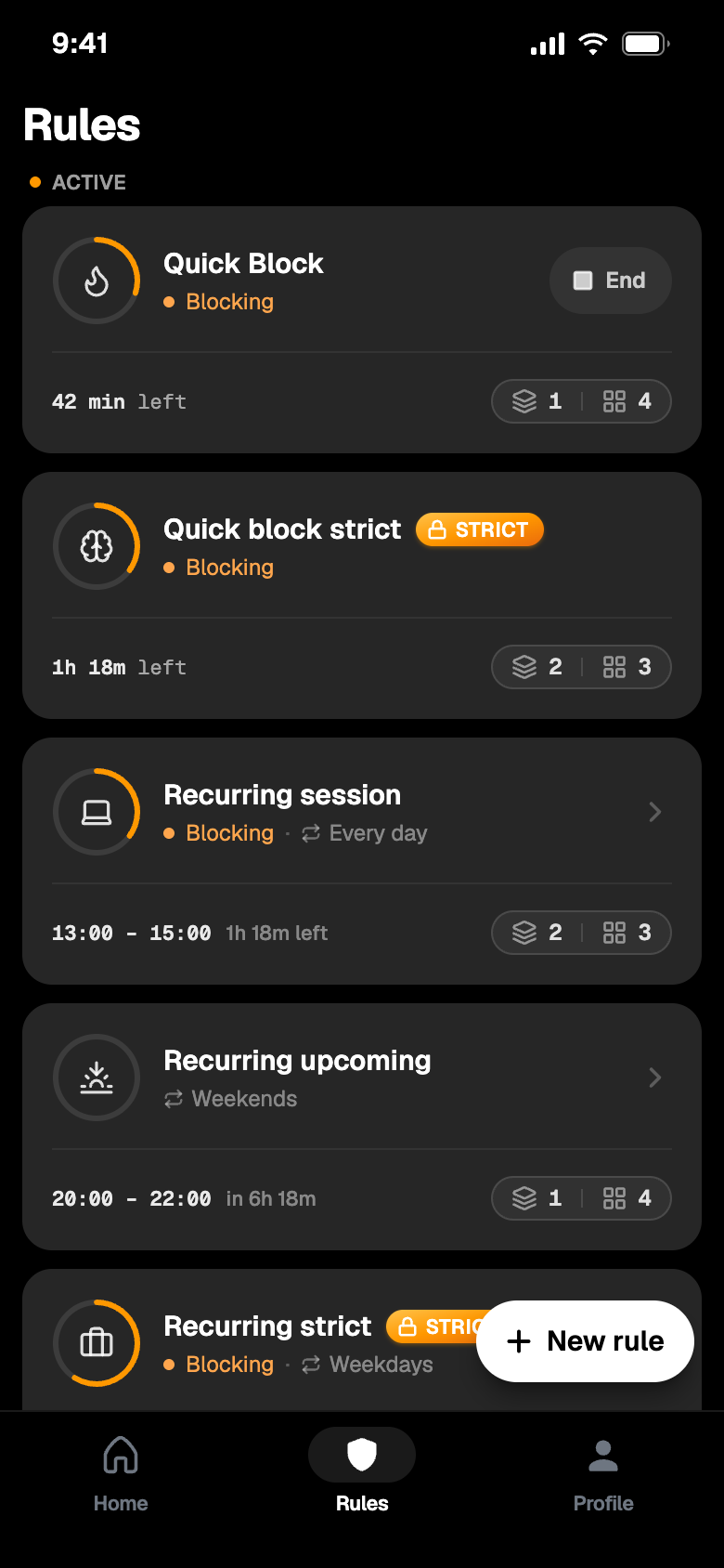 Lookup Rules tab: active blocks including a Quick Block with 42 minutes left, a strict block, and recurring sessions, with a New rule button.